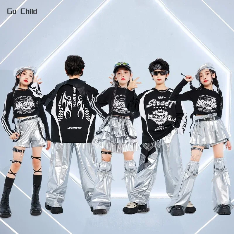 Girls K-pop Sweatshirt Street Dance Silver Pants Boys Hip Hop Shorts Shiny Clothes Set Kids Jazz Skirts Children Cool Streetwear