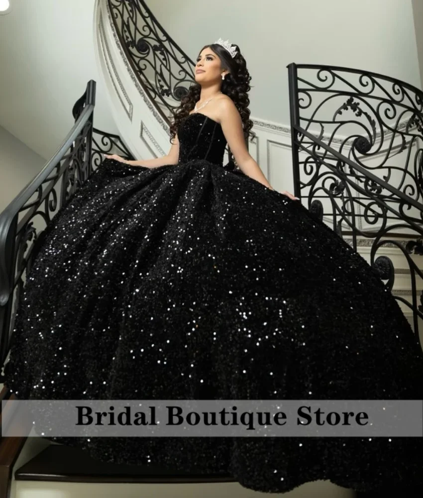 Vestido De quinceañera negro brillante, corsé con forma De corazón, vestido De baile con lentejuelas, dulce 16 vestidos De cumpleaños personalizados