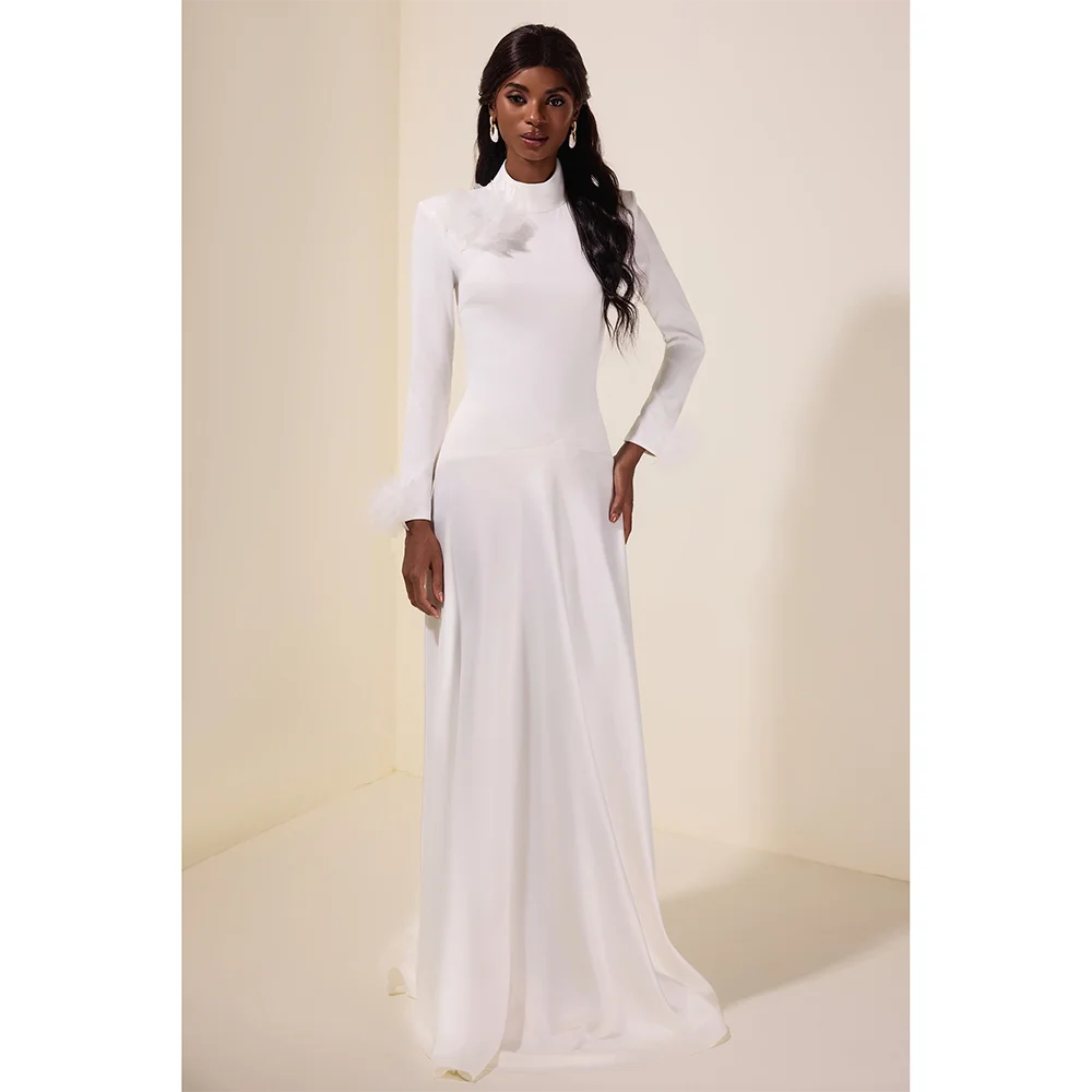 

Simple White Evening Dresses High Collar Flowers Evening Gowns Long Sleeves Floor Length Prom Dresses Dress Customized