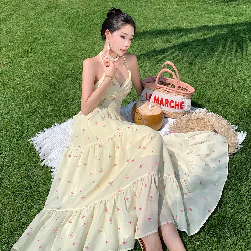 2024 New Women Backless Beach Luxury Designer Dress Summer Bow Tie Strappy Yellow Vacation Female Y2K Birthday Long Sundress