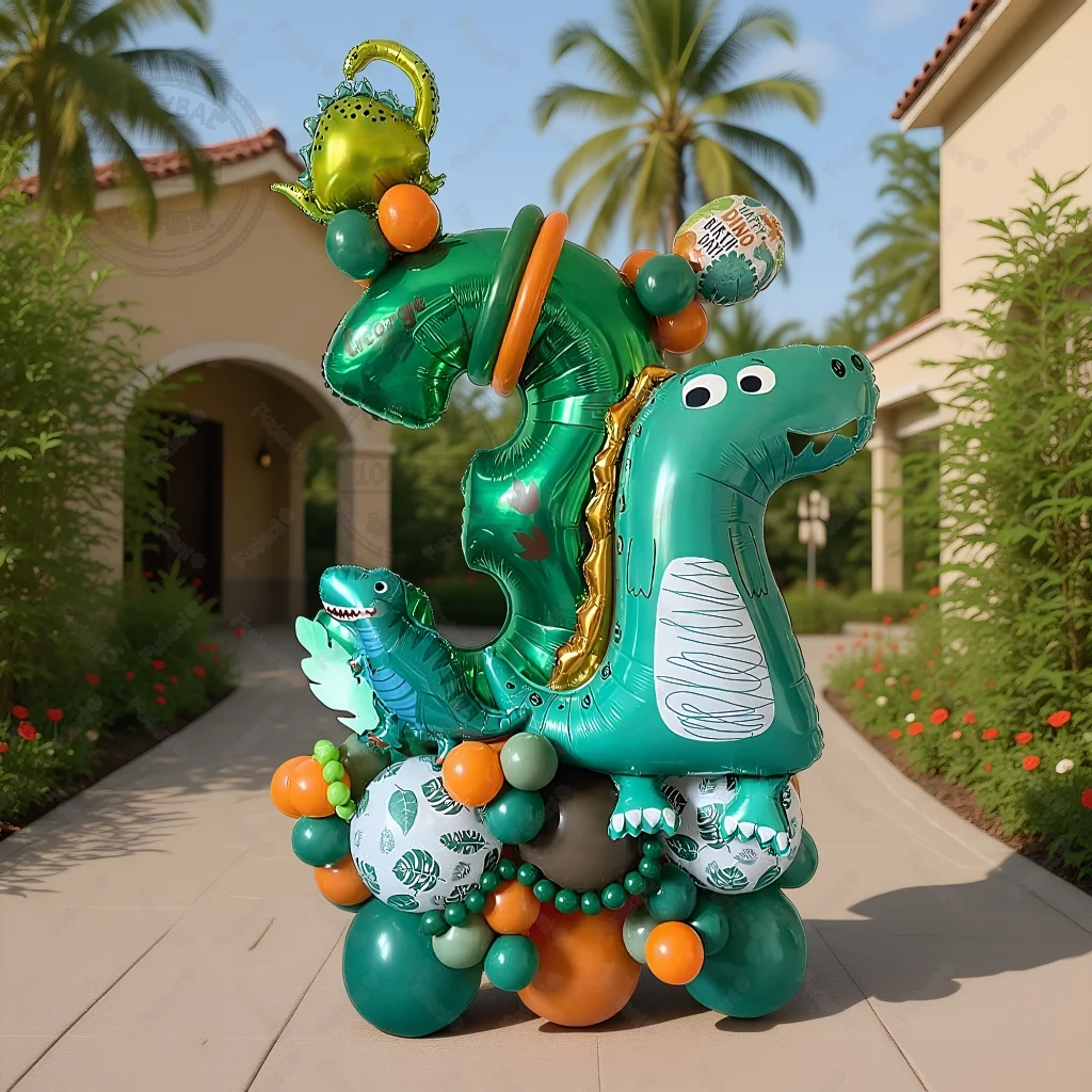 58 قطعة برج بالون الديناصور الأخضر الكرتوني مع 1-9 بالون أرقام خضراء لصبي ديناصور تحت عنوان حفلة عيد ميلاد لتقوم بها بنفسك زينة #2