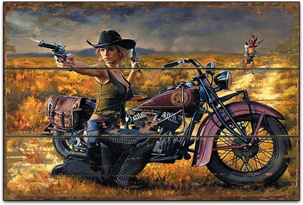 Free Pintree Western Motorcycle Girl Wooden Signs | Original Retro Design Wood Signs Wall Art | Natural Wooden Board Print Poste
