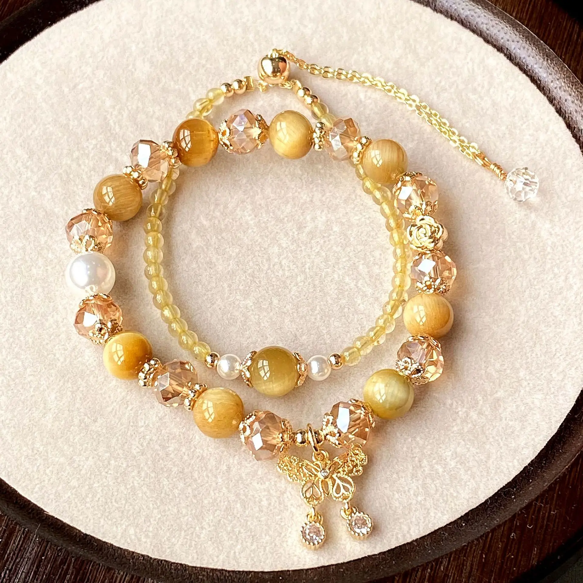 The wealth is rolling in, yellow hair crystal golden tiger stone 2-piece set, bracelet, bracelet jewelry, women's models, bracel