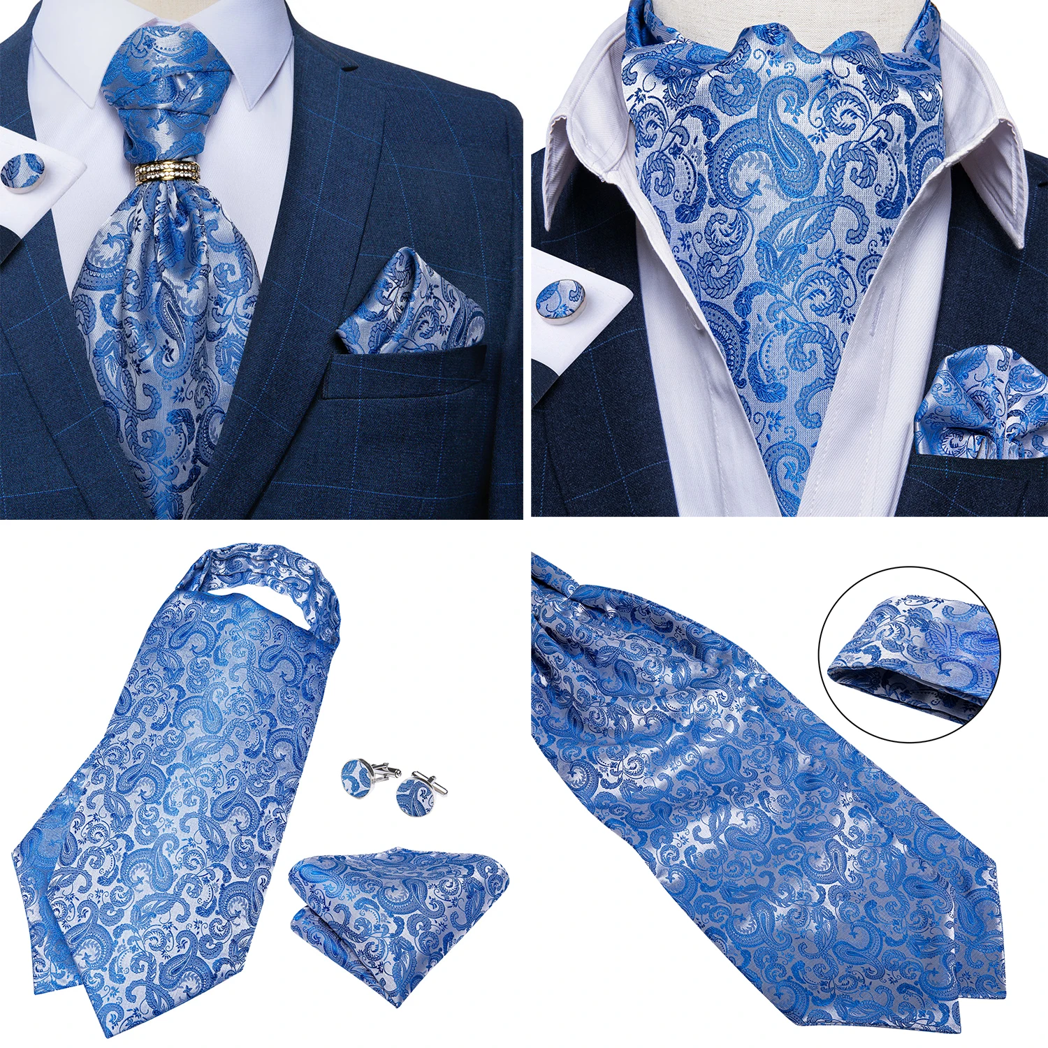 Luxury Men Green Blue Paisley Ascot Tie Set Solid Necktie Ring Wedding Party Cravat Purple Ties Pocket Sqaure Cufflink Free Ship