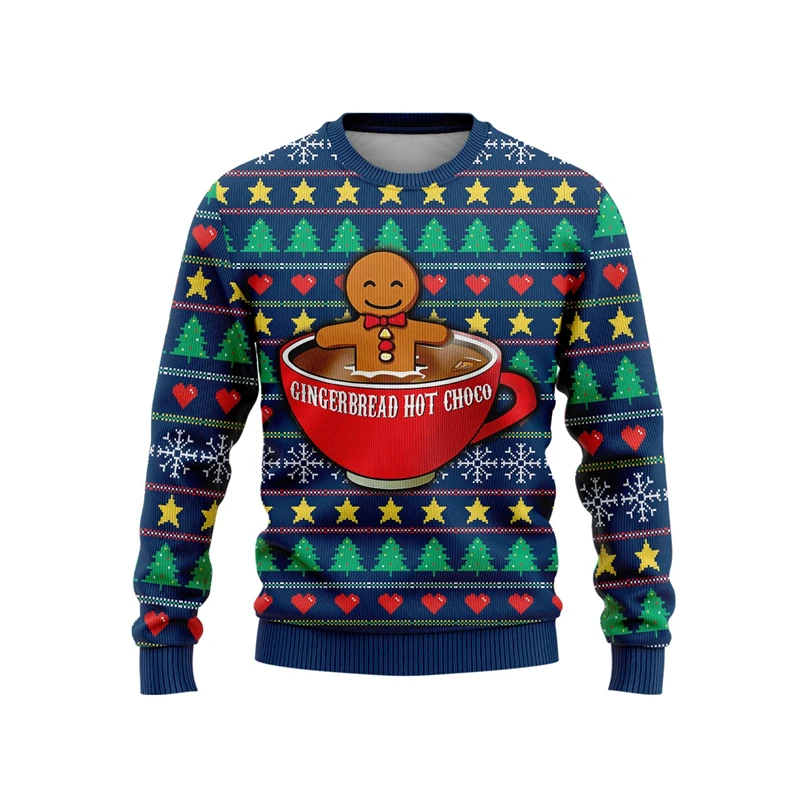 Gingerbread Man 3D Print Ugly Christmas Sweaters For Women, Gingerman Mens Ugly Sweater Holiday Crew Neck Sweatshirt Clothing