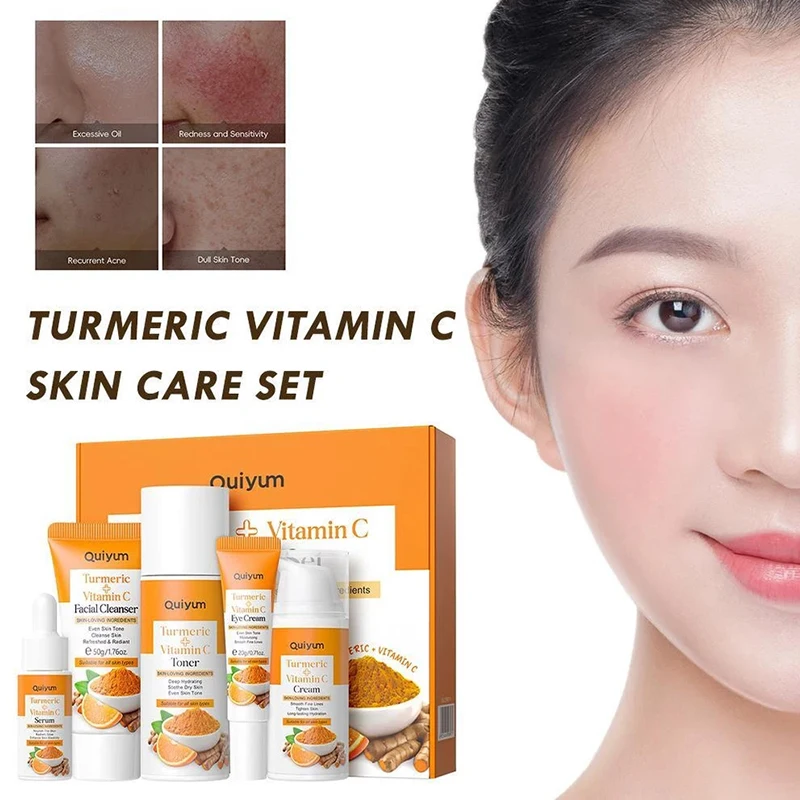 5pcs/set Turmeric Face Care Cream Set With Toner Moisturizing Facial Cleanser Serum Eye Cream Skin Care Essence Deep Cleansin