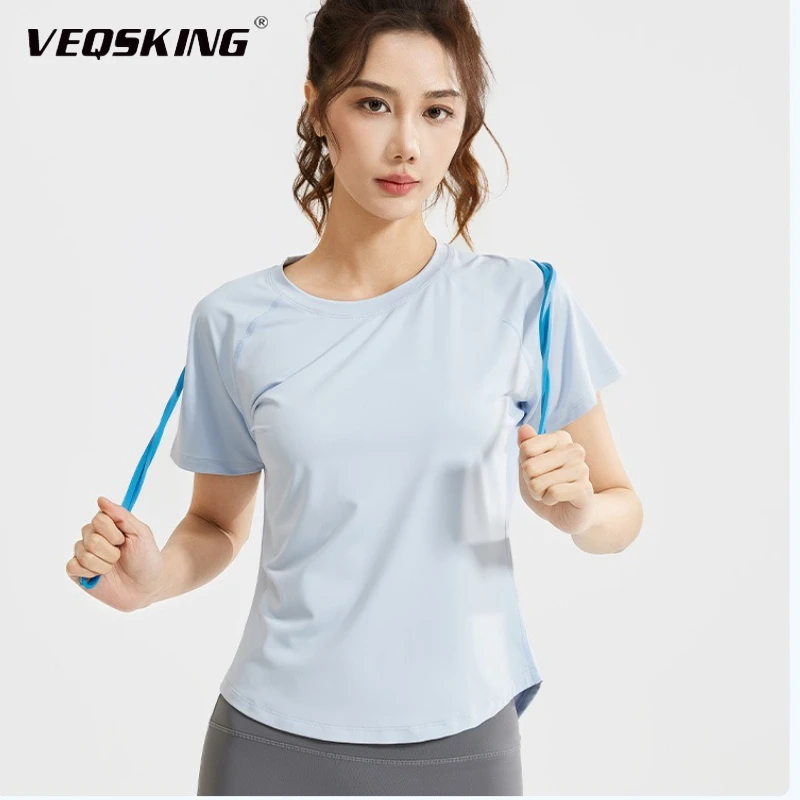 

VEQSKING Women's Loose Mesh Yoga Short Sleeved Shirt, Moisture Wicking,Breathable,Quick Drying Yoga Running Fitness Slimming Top