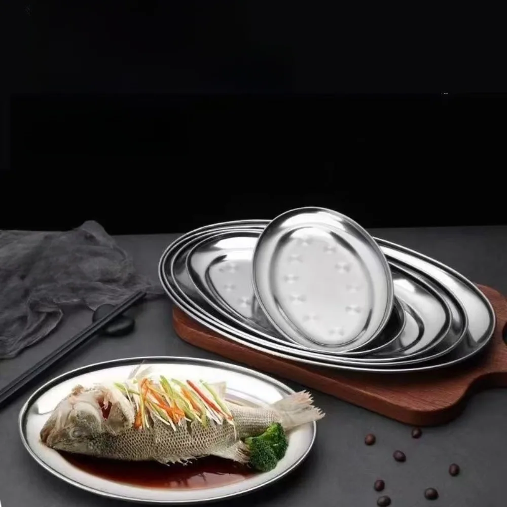Stainless Steel Oval Fish Plates Shallow Design 22-35cm Diameter Barbecue Trays Oval Shape Kitchen Cooking Tray Dinner Plates