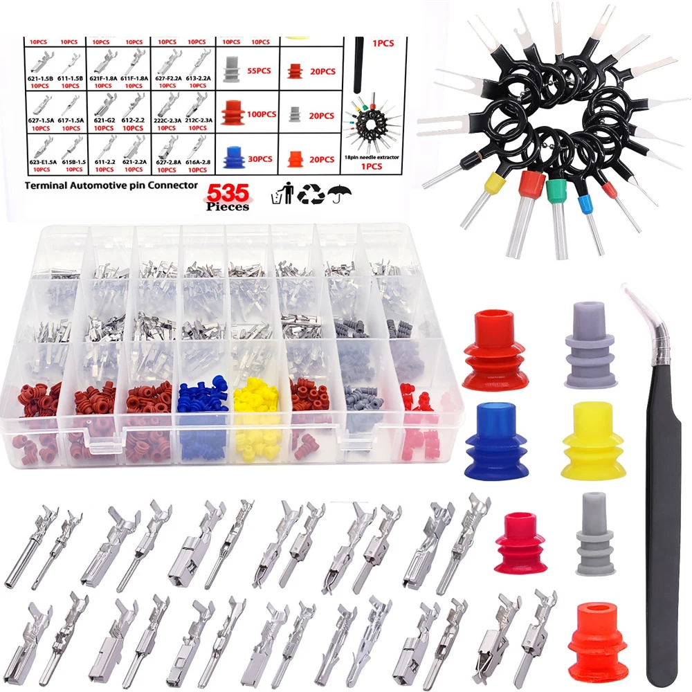 

535Pcs Car Electrical Wire Terminal Pin Connectors Kit 1/1.5/1.8/2.2/2.8/3.5mm 21Type Male&Female Connector Pins Auto Crimp Pins