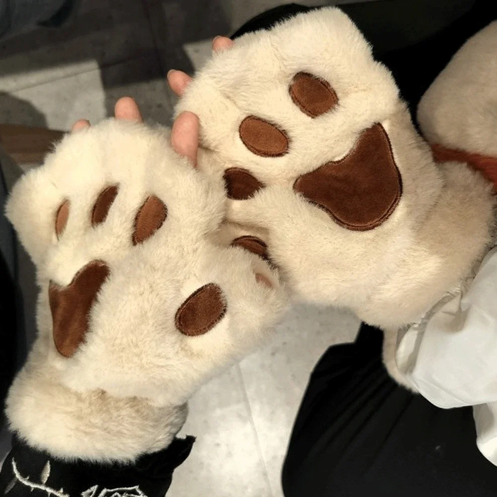 جميل أفخم القط مخلب باو قفازات أفخم القفازات الدافئة لينة أفخم قصيرة أصابع رقيق الدب قفازات زي نصف اصبع قفازات