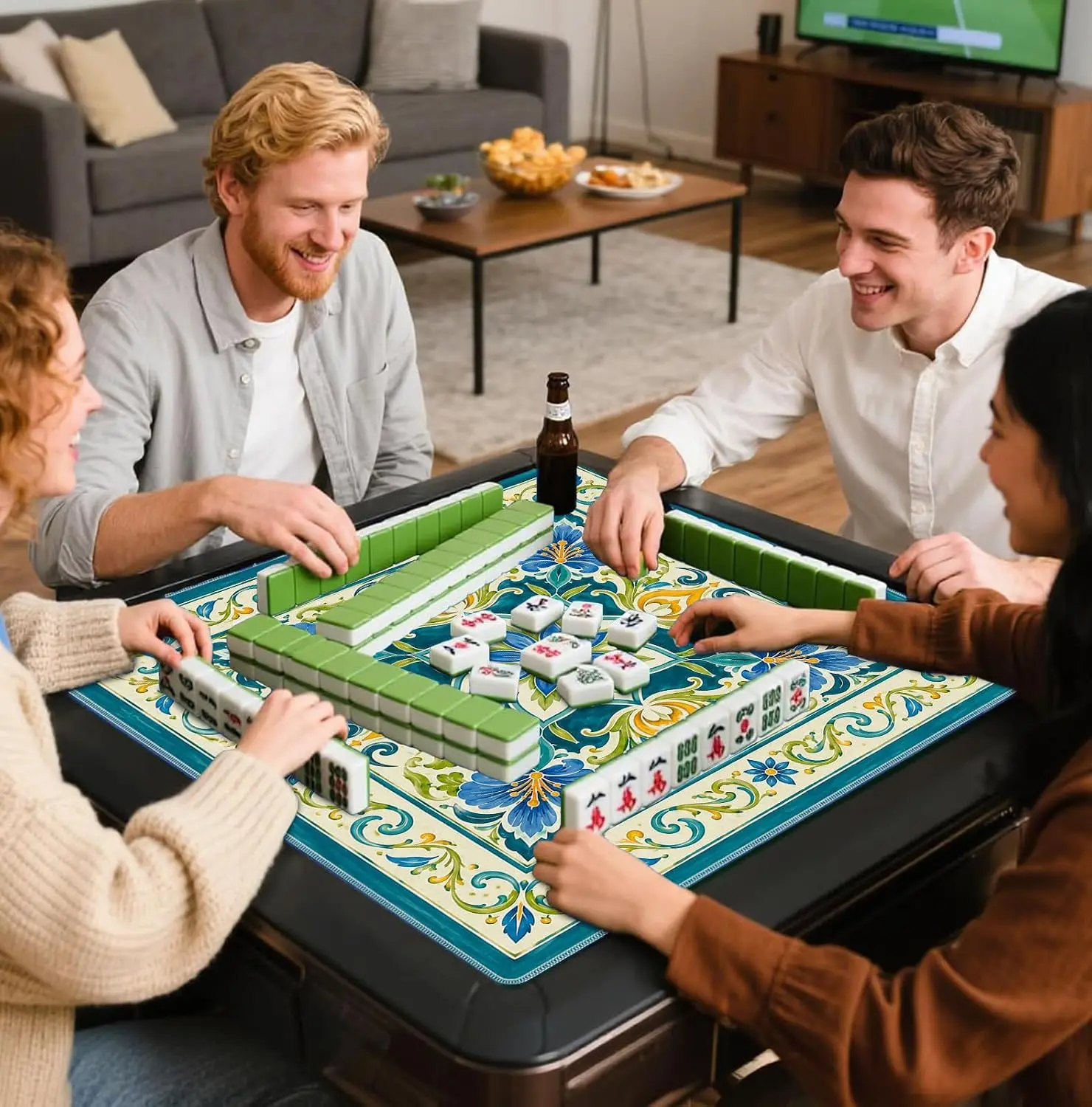 31.5 Inch Neoprene Luxury 3mm Mahjong Mat Blue Green Yellow Sicilian Majolica Floral Non-slip Noise Reduction for Tabletop Games
