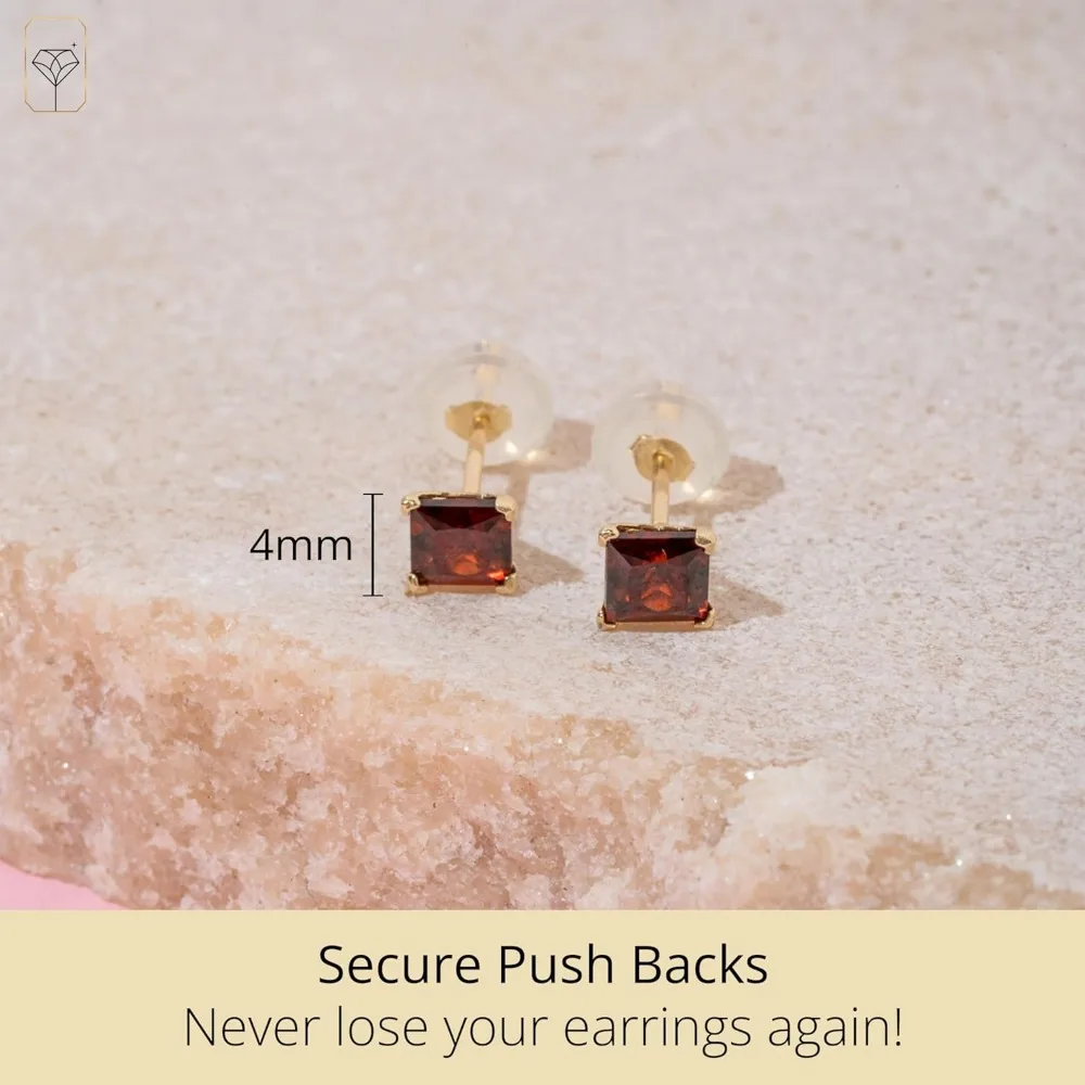 أقراط مربعة من الأحجار الكريمة مقطوعة بالأميرة من الذهب الأبيض أو الأصفر عيار 14 قيراط للنساء، جوهرة ميلاد 4 مم مع ظهر دفع