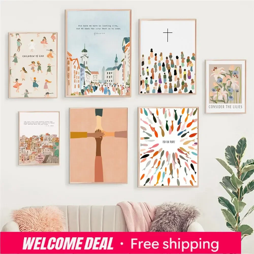 Inspirational Christian Bible God Jesus Cartoon Poster Canvas Painting - Perfect Wall Art for Living Room Home Decor