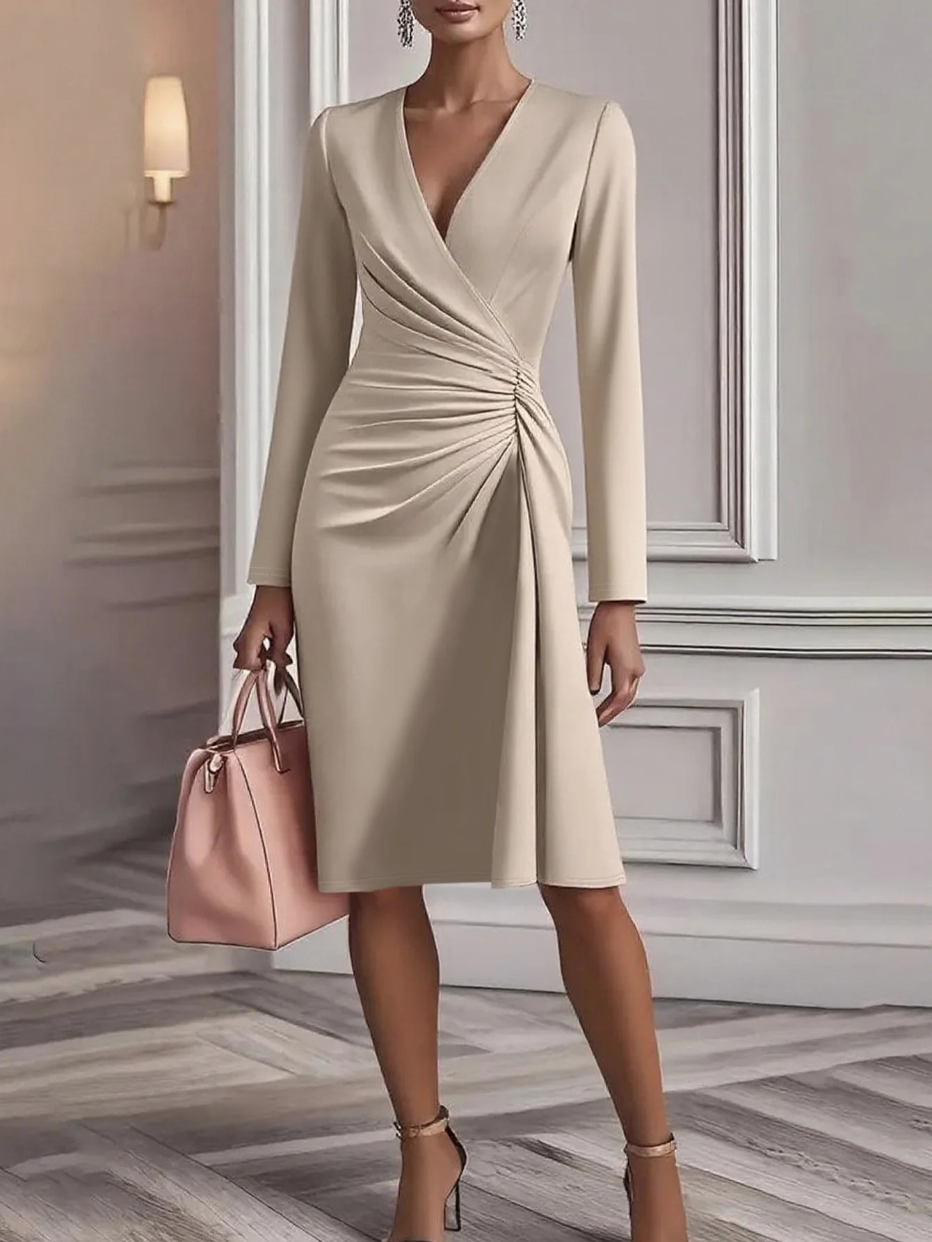  Schickes Damen-Wickelkleid mit V-Ausschnitt, Raffung, Midi-Länge, Langen Ärmeln und Asymmetrischem Saum, Formelles Kleid für Elegantes Büro und Pendeln – Detail 6
