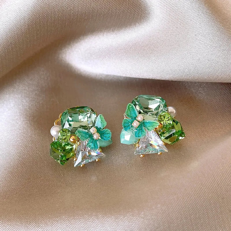 مجوهرات عصرية بتصميم فرنسي جديد مصنوعة يدويًا على شكل زهرة كريستال خضراء هدايا فتاة حلوة إكسسوارات يومية للسيدات