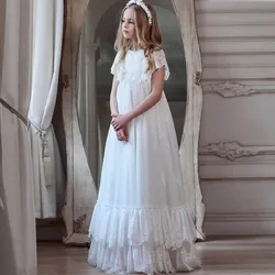 White Flower Girl Dress 2024 Lace Applique Tulle Kids Wedding Party A-Line Princess Junior Bridesmaid First Communion Gowns