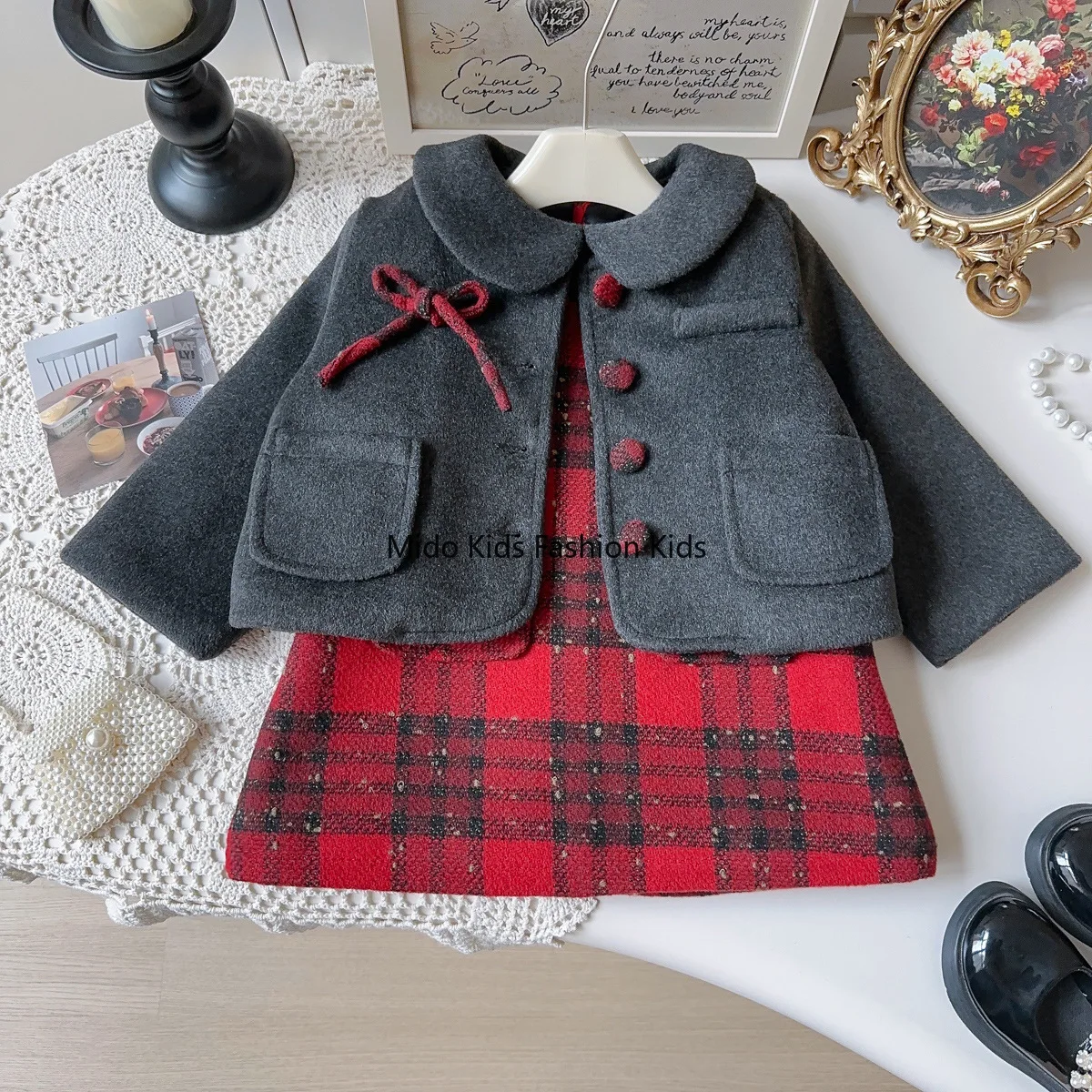 Winter Girls' Outfit  New Arrival Thickened Quilted Girls' Coat with Checkered Vest Dress Two-Piece Set