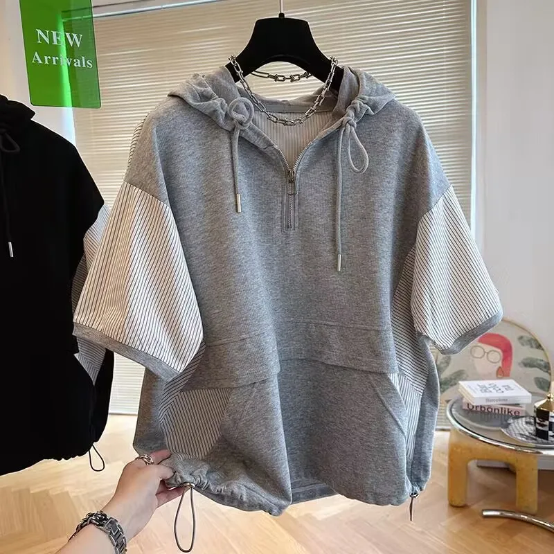 

Summer Solid Color Hoodies Short Sleeve T Shirt Tops Korean Fashion Loose Streetwear Pullovers Simple All-match Womens Clothing