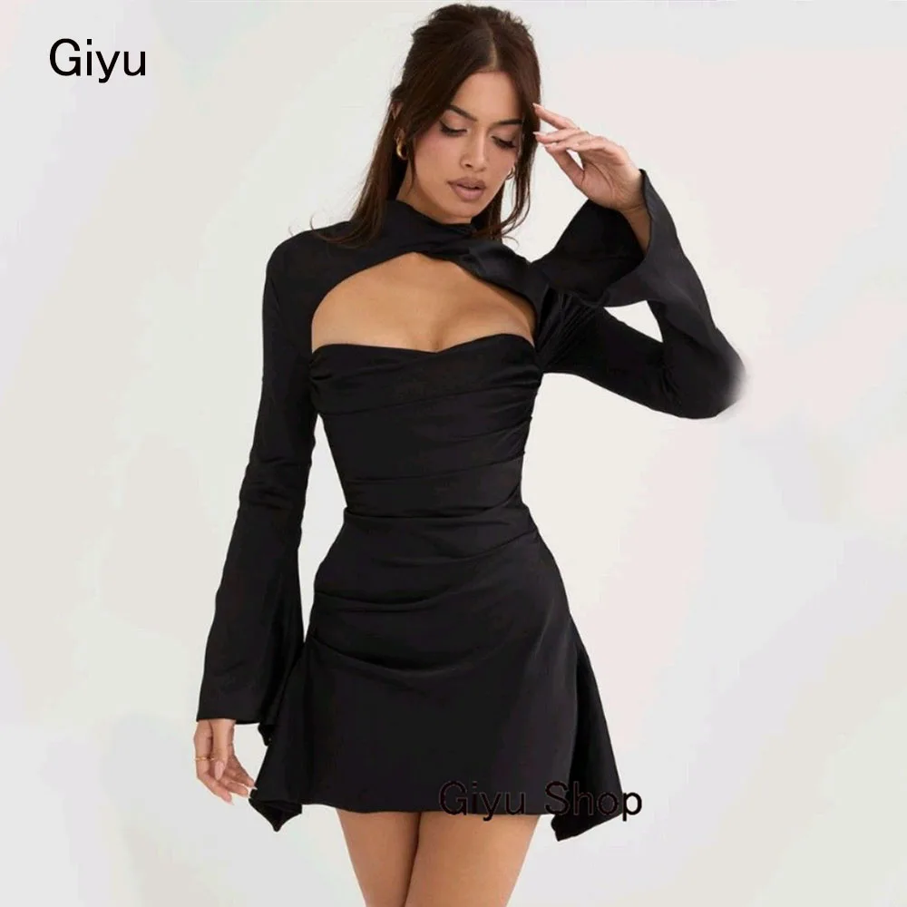 

Giyu Sexy A-line Black Prom Dress Backless Pleat Mini-length Above The Knee Cocktail Dress Wedding Party Dress