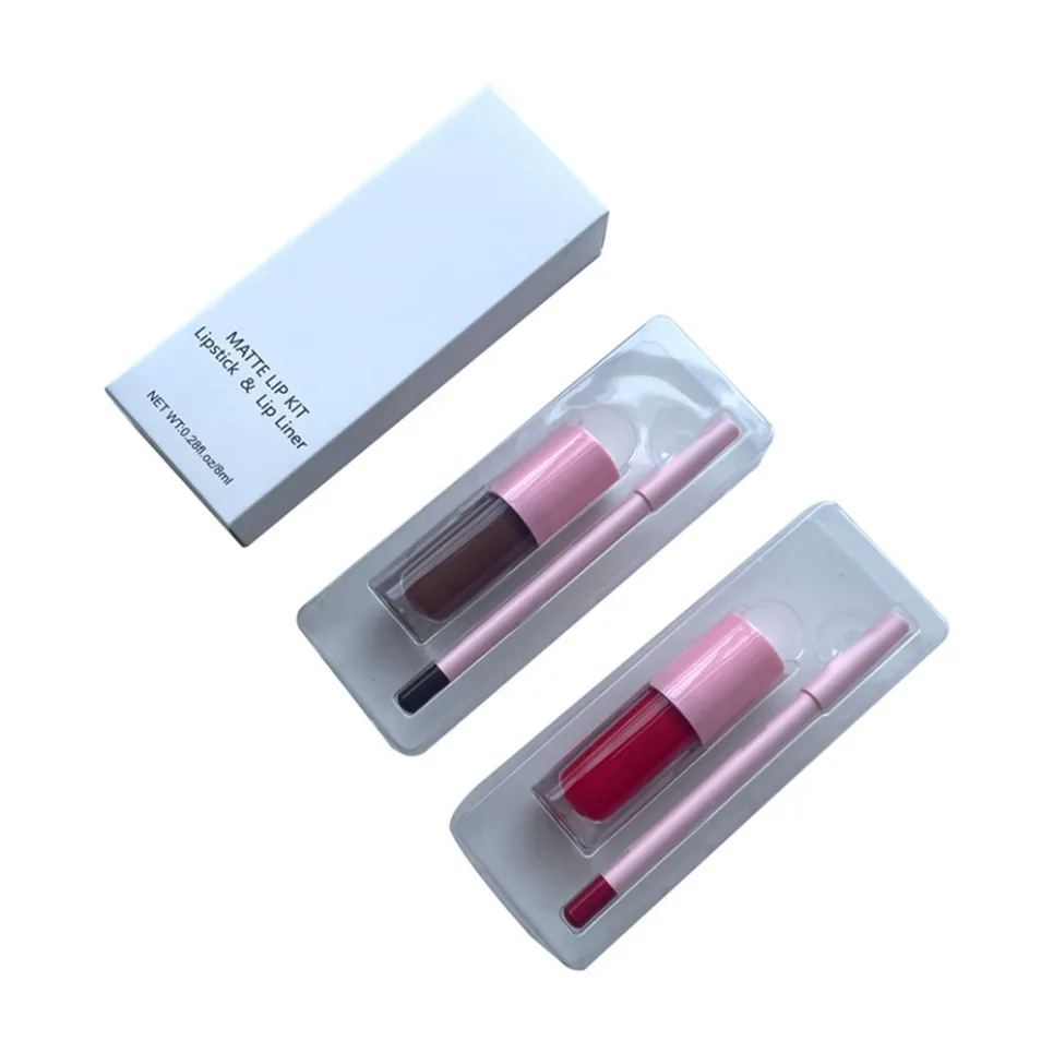 มังสวิรัติแต่งหน้าชุดฉลากส่วนตัวสีชมพู Matte Liquid ลิปสติก Lip Liner Set โลโก้ที่กําหนดเองขายส่งกันน้ําโหดร้ายฟรี Lip Kit