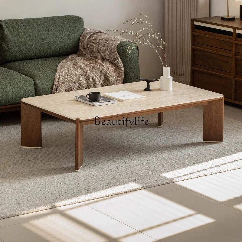 

ls 18Travertine rock slab coffee table living room household black walnut rectangular medieval coffee table