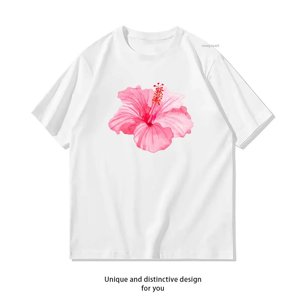 Pink Hibiscus Sticker T-shirt woman man Casual cotton printed t shirts Adult Breathable Short-sleev ropa de hombre