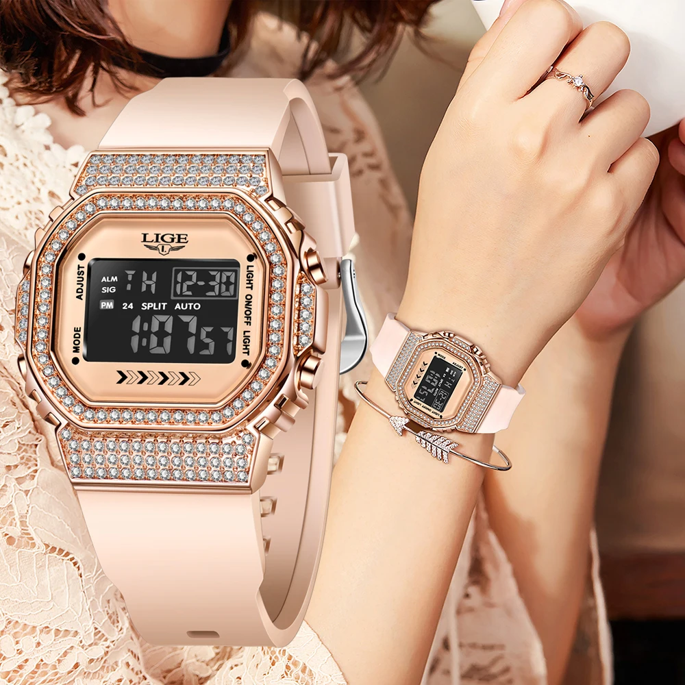 

LIGE Diamond Dial Watch Women Watches Ladies Silicone Quartz Women's Bracelet Watches Female Clock Relogio Feminino Montre Femme