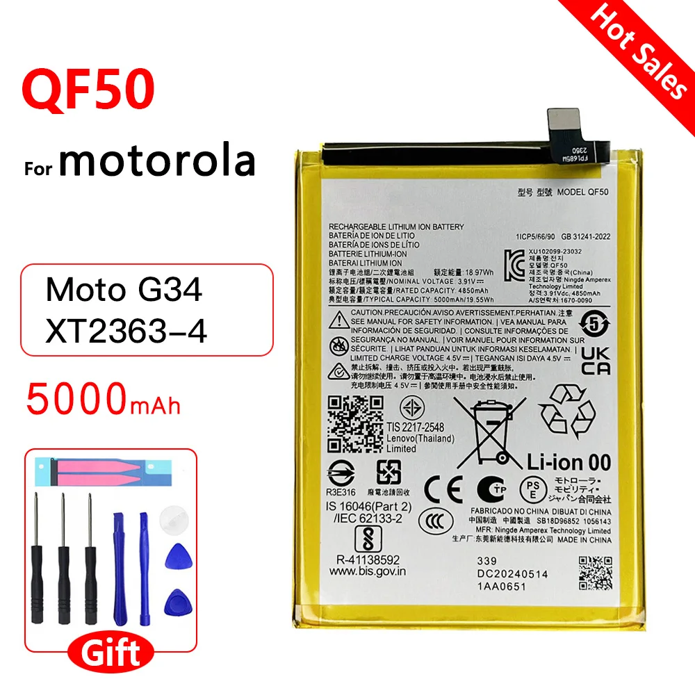 Genuine Replacement Battery 5000mAh QF 50 Battery For Motorola moto G34 XT2363-4 QF50 Mobile Phone Batteries + Free Tools