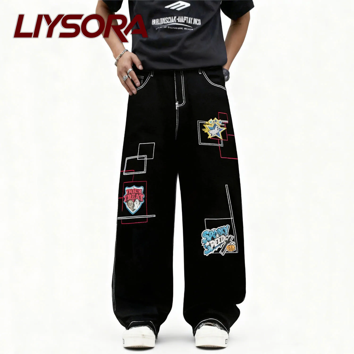 

Men's American Black Baggy Wide Leg Jeans High Street Hip-Hop Personality Embroidery Gothic Loose Denim Pants Four Season Unisex