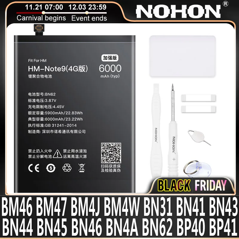 NOHON BM46 BM47 BM4J BM4W BN30 BN31 BN34 BN41 BN43 Battery For Xiaomi Redmi Note 9 8 Pro 7 5A 3 8T 5 4 4X S2 Replacment Bateria