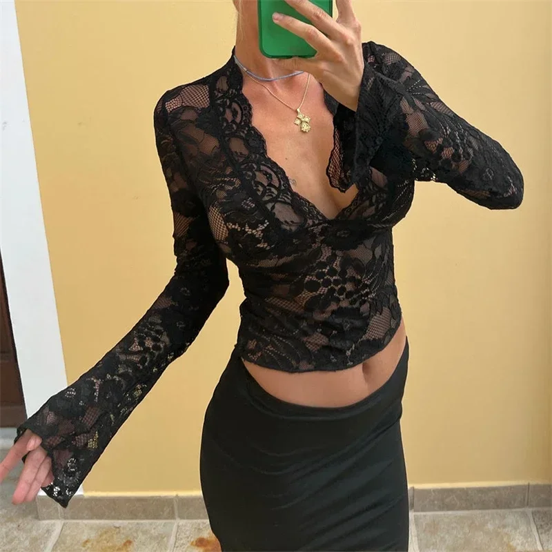 Aesthetic Lace Top Women Sexy Clothing See Through Deep V Neck Flared Long Sleeve T Shirts Party Clothes Clubwear