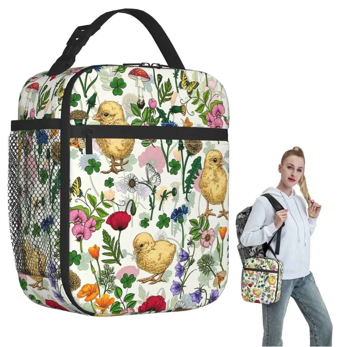 

Chic Chick And Floral Pattern Insulated Lunch Bag for Women Kids Portable Food Boxes Thermal Lunch Box Tote