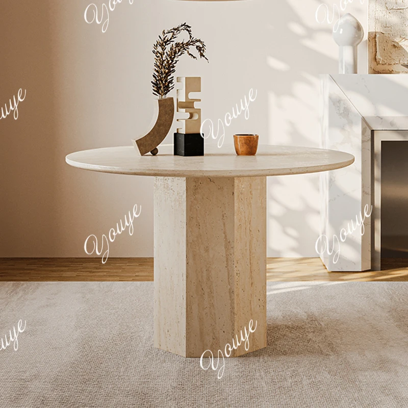 

Modern simple natural travertine round dining table living room home small apartment wabi-sabi style luxury stone high-end minim