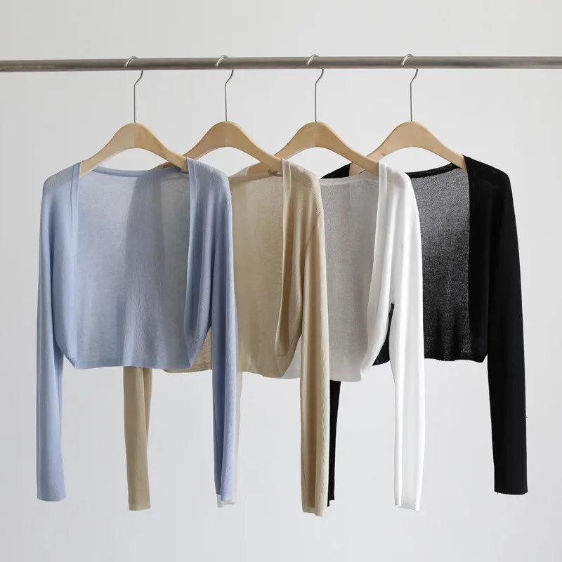 

Open Front Knit Cardigan for Women Semi Sheer Long Sleeve Crop Top Cover-up Shawl Spring Summer Sun Protection Outfit