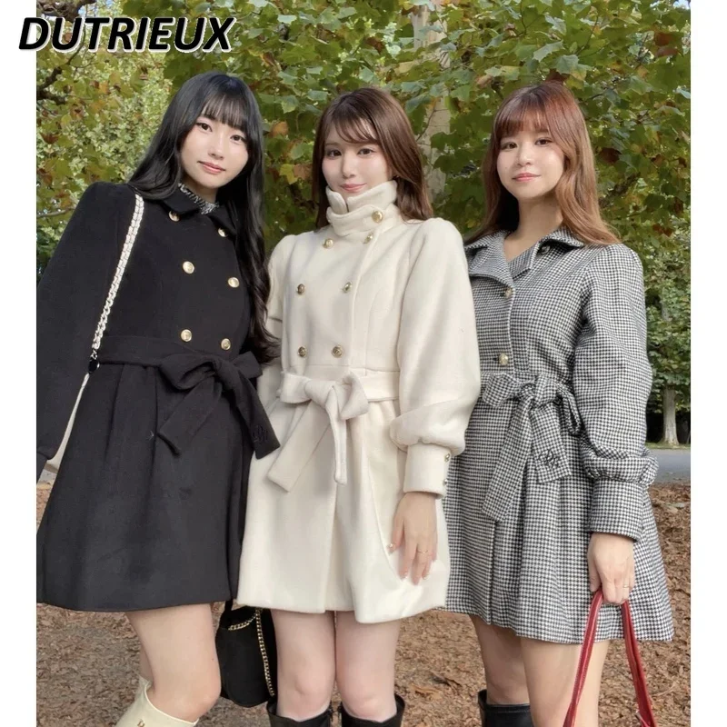 

Socialite Lady Elegant Jacket Japanese Style Mid-length Woolen Coats for Women Simple Autumn Winter Casual Coat Female