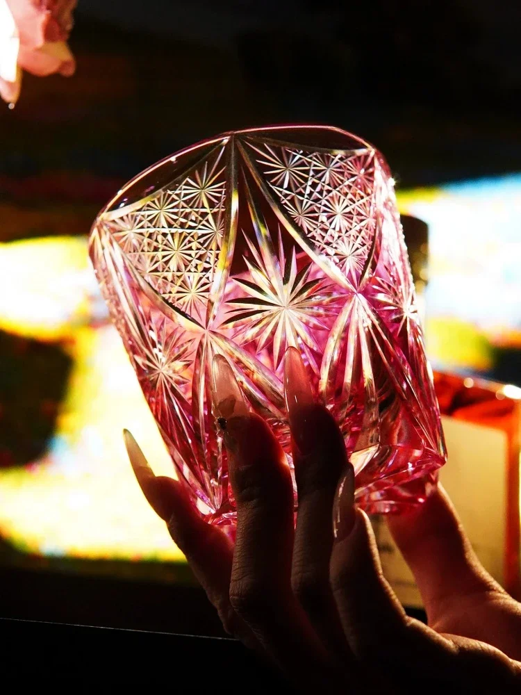 240ml Pink Whiskey Glass Hand Carved Chrysanthemum Star Pattern Edo Kiriko, Japanese Crystal Tumbler Gift for Wife Girlfriend