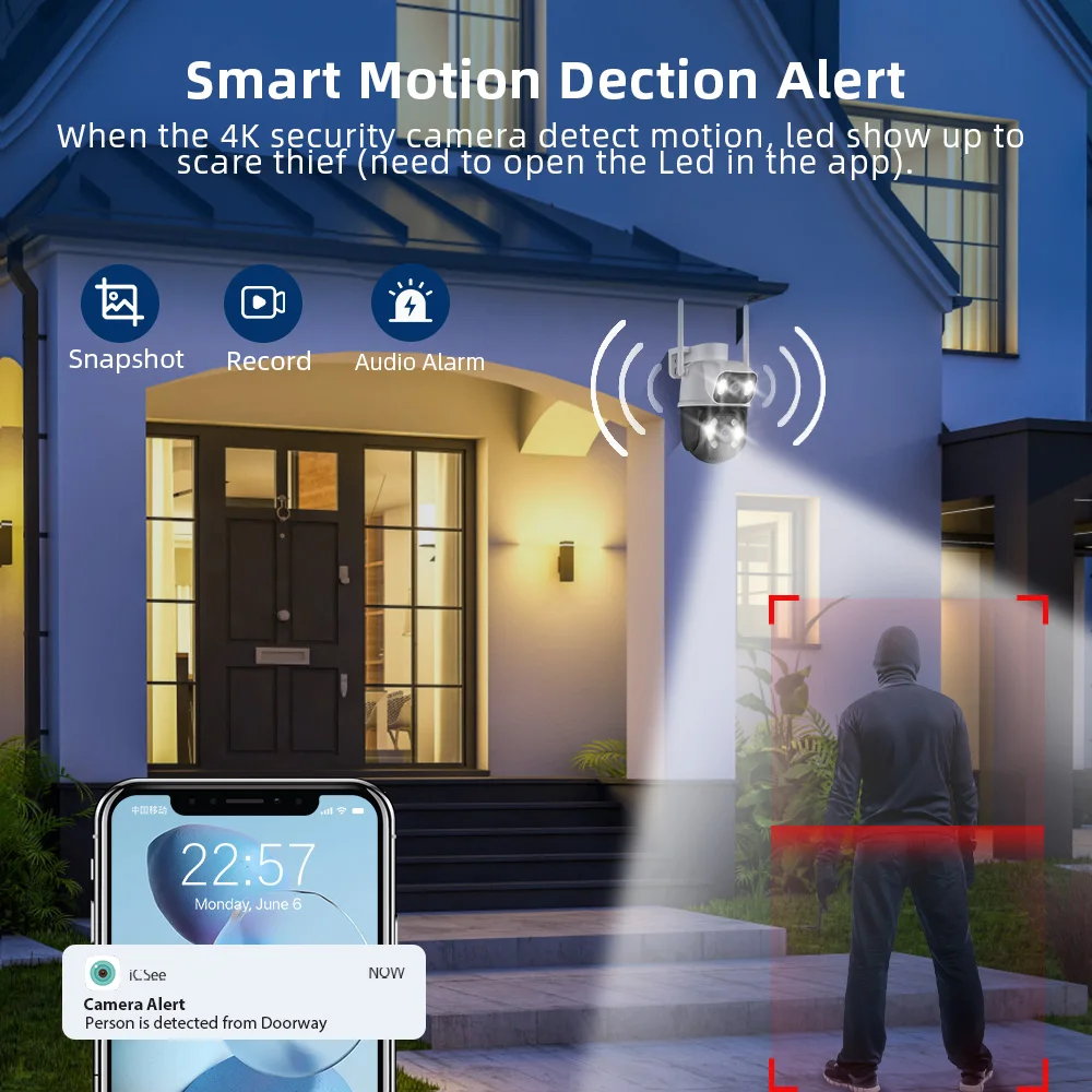 8MP Wifi Security Camera PTZ Dual Lens AI Auto Tracking Wireless CCTV Outdoor Surveillance Cameras iCSee IP Camera Night Vision