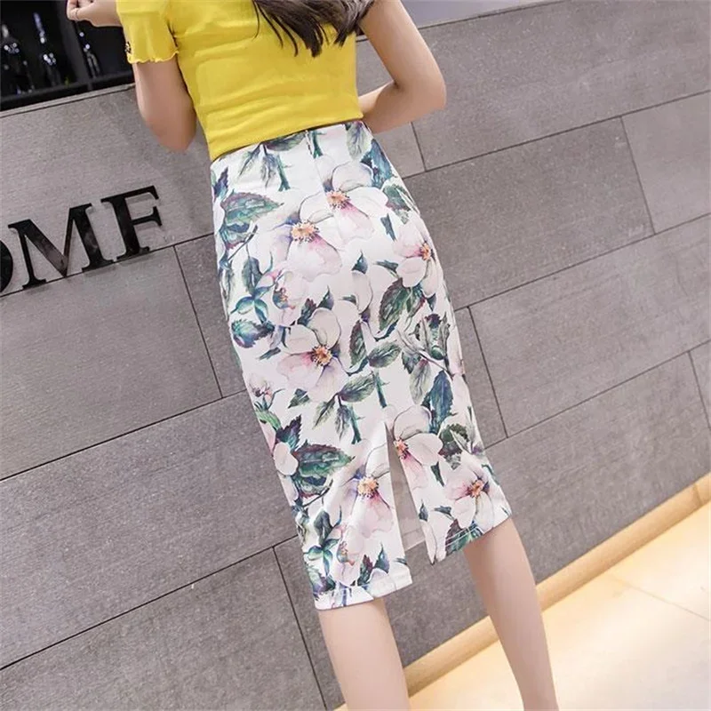 Oversized Spring Skirts for Women High Wasit Floral Print Open Slit Ladies Casual Midi Skirt Girls Streetwear Jupe Femme