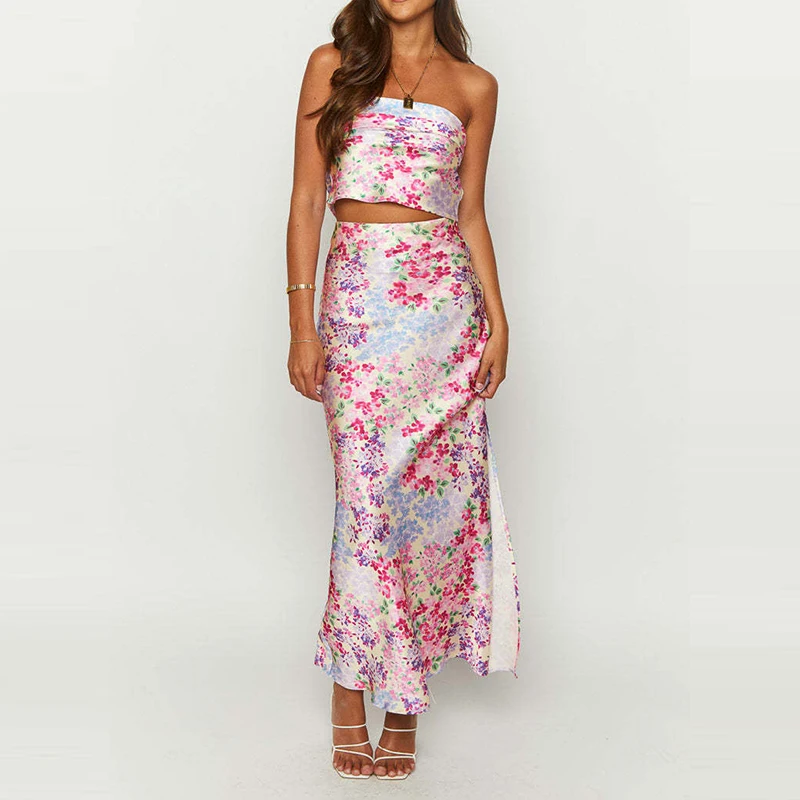 

Elegant Strapless Top & Long Skirt Suit Sexy Sleeveless Backless Vacation 2Pc Outfits Women Fashion Floral Print Slim Party Set