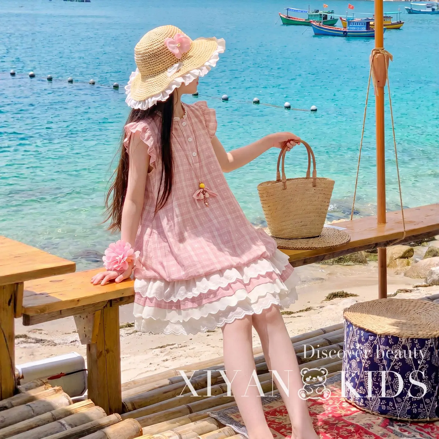 Girls Sweet Pink Checkered Dress, Sleeveless Ruffle Flutter Sleeve with Tiered Lace Trim, Cute Summer Sundress for Little Girls