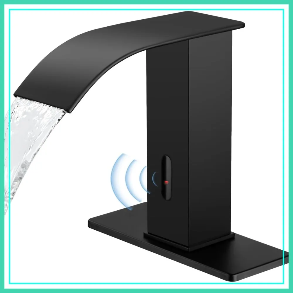 

Automatic Motion Sensor Faucet with Waterfall Spout, Stainless Steel Sink Faucet with Hole Cover Plate (Regular, Black)