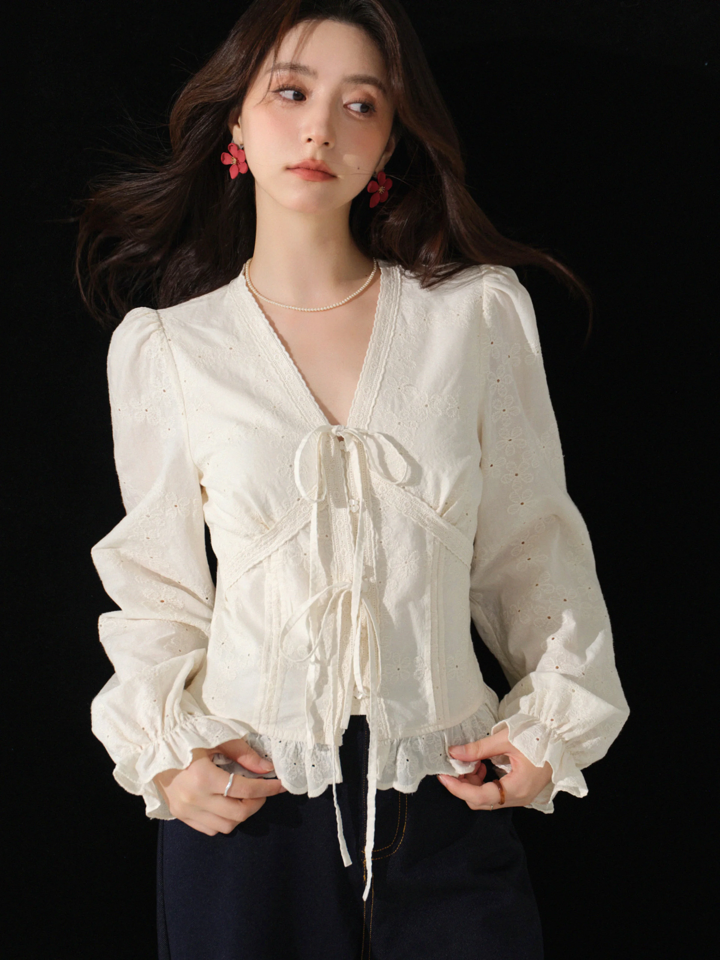 Vintage Elegant Cotton Blouse Women V Neck Embroidered Ruffle Shirt Hollow Out Top with Long Sleeves and Feminine Retro Design