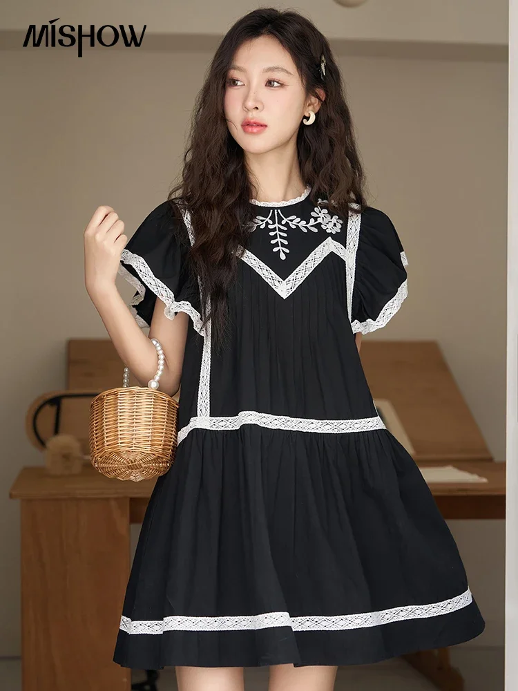 MISHOW Lace Embroidery Dress for Women 2023 Summer Flying Sleeve Contrast Color O Neck Fashion Knee-Length Dresses MXC39L1562