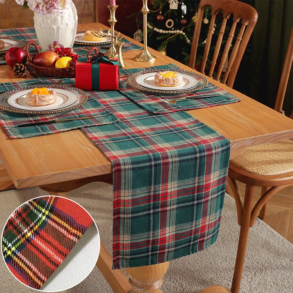 

Cotton Polyester Red Green Thin Plaids Table Runner Christmas Decorations for Home Festival Gifts Table Cover Runner Home Decor