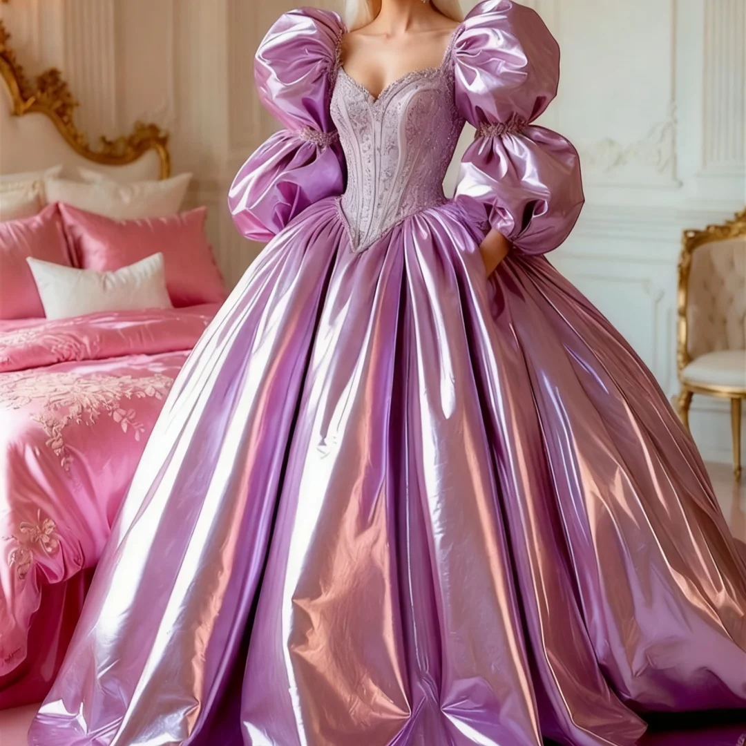 

Shiny Lilac Lavender Victorian Prom Dresses Puffy Long Sleeve Lace-up Corset Princess Rococo Lolita Evening Gown Customized