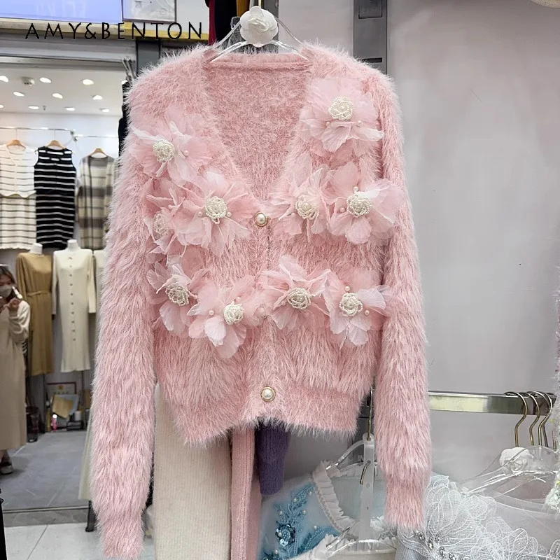 Mohair V-neck Long-sleeved Knitted Sweater New Autumn Winter High-waisted Short Heavy Industry Flower Beaded Knitwear Pink Color