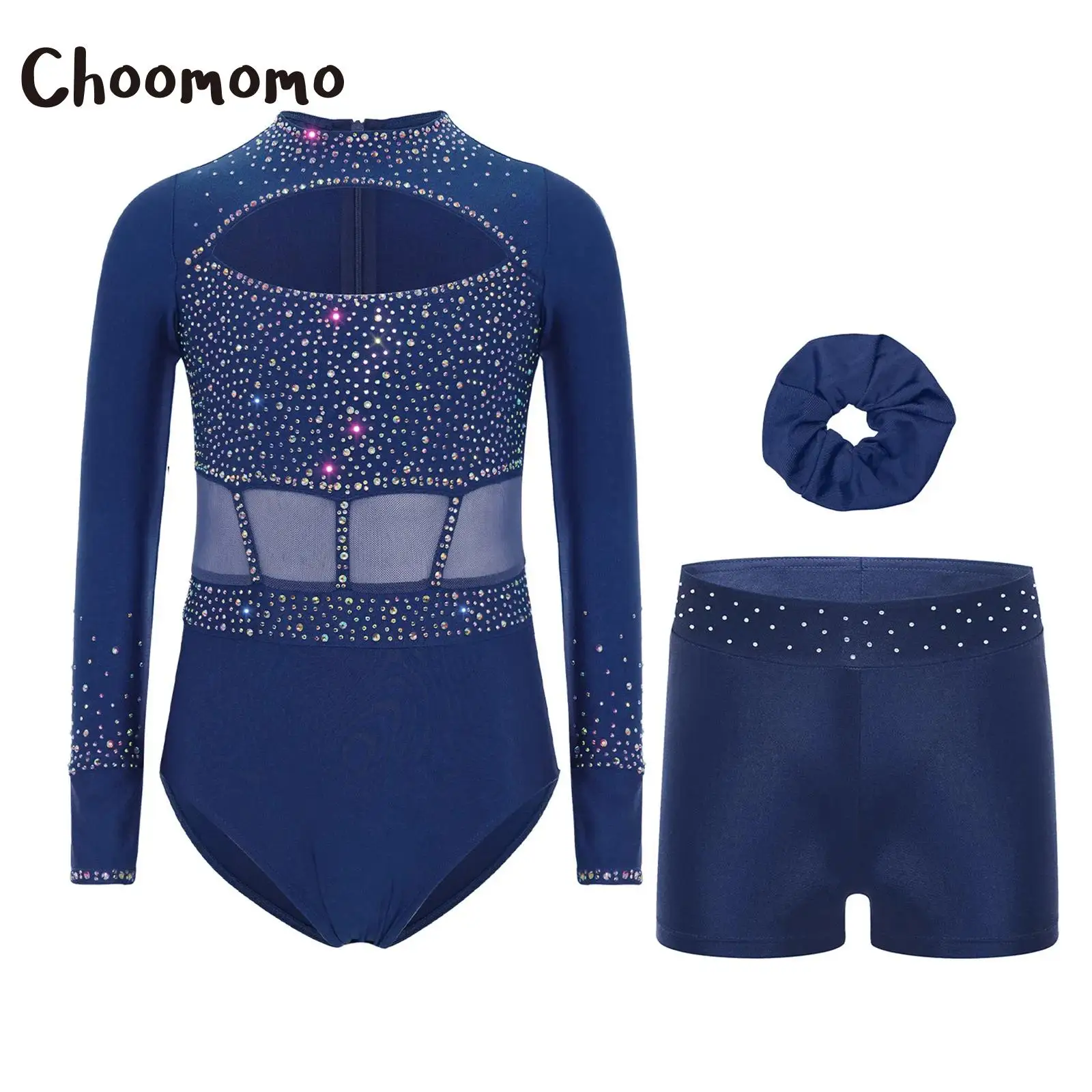 

Girls Gymnastics Leotard Dance Outfit Long Sleeve Rhinestones Ballet Jersey Bodysuit Workout Jumpsuit +Shorts Headwear Yoga Set