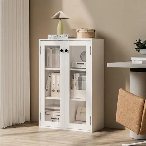 Glass Door Bookcase, Metal Display Cabinet with 2 Fixed Shelves, Wall-Mountable, Anti-Tip Safe Design, Compact Storage
