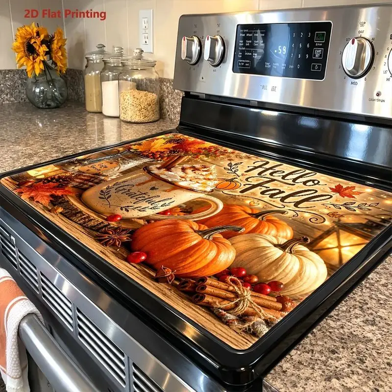 VIKAMA Hello Fall Stove Cover Mat Flannel Non Slip Absorbent Dish Drying Pad Pumpkin Latte Maple Leaf Kitchen Placemat Decor