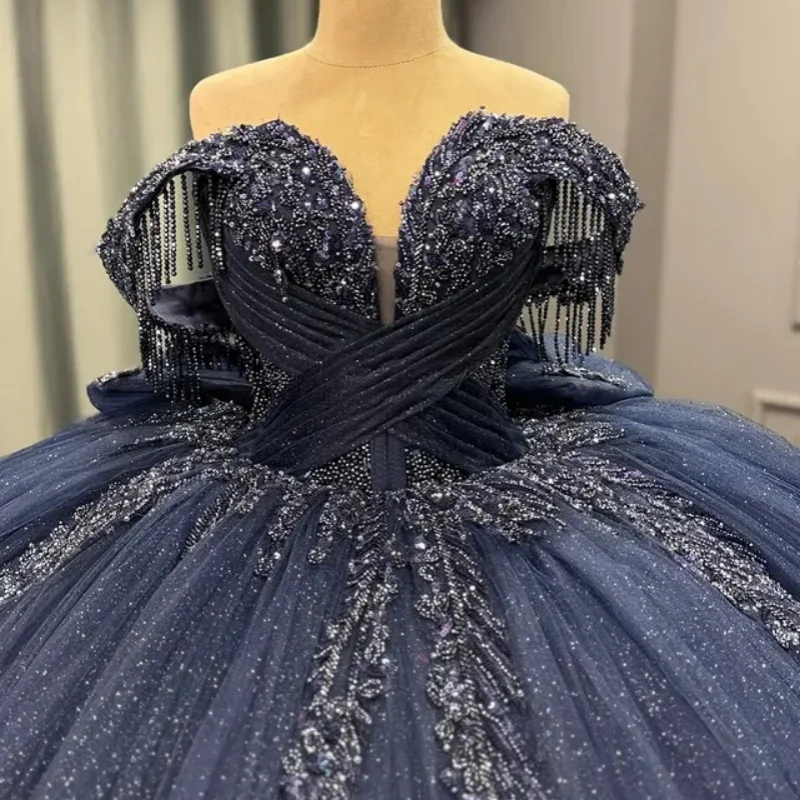 

Shiny Dark Blue Quinceanera Dresses off-shoulder Decal Crystal Lace Layering Ruffle Long tail Vestido De 15 Quinceanera Customiz